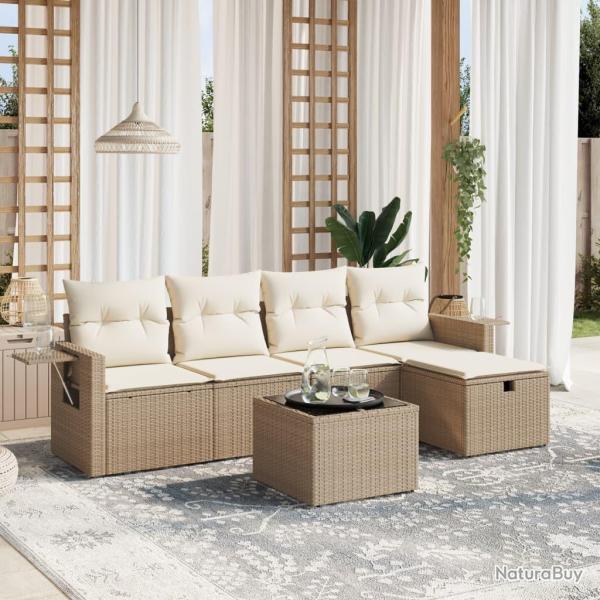 Salon de jardin avec coussins 6 pcs beige r�sine tress�e