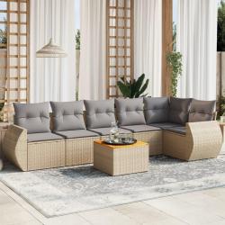 Salon de jardin avec coussins 7 pcs beige r&eacute;sine tress&eacute;e