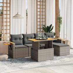 Salon de jardin 6 pcs avec coussins gris r&eacute;sine tress&eacute;e