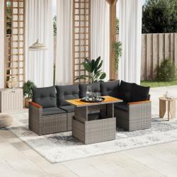 Salon de jardin 6 pcs avec coussins gris r&eacute;sine tress&eacute;e
