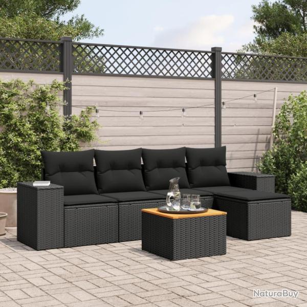 Salon de jardin 6 pcs avec coussins noir r�sine tress�e