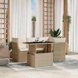 Salon de jardin avec coussins 5 pcs beige r&eacute;sine tress&eacute;e