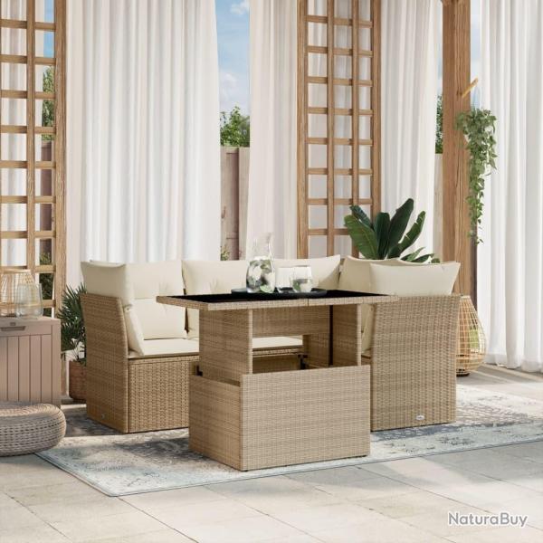Salon de jardin avec coussins 5 pcs beige r�sine tress�e