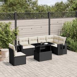 Salon de jardin 7 pcs avec coussins noir r&eacute;sine tress&eacute;e