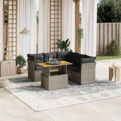 Salon de jardin 5 pcs avec coussins gris r&eacute;sine tress&eacute;e