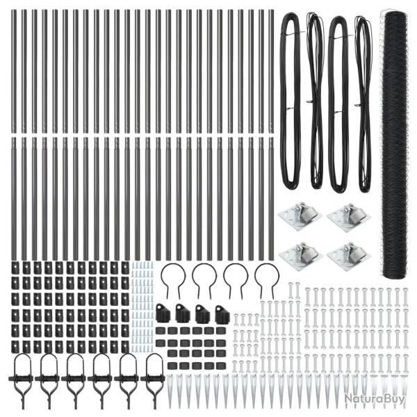 Clture HexagonaleGris 1,6x50 m Acier, Pieux de Cltureavec Piquet 13 pcs 32 mm 180 cm Acier Galvan
