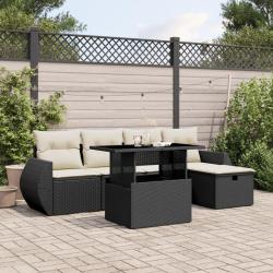 Salon de jardin 6 pcs avec coussins noir r&eacute;sine tress&eacute;e