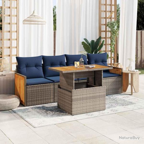 Salon de jardin 5 pcs avec coussins gris r�sine tress�e acacia