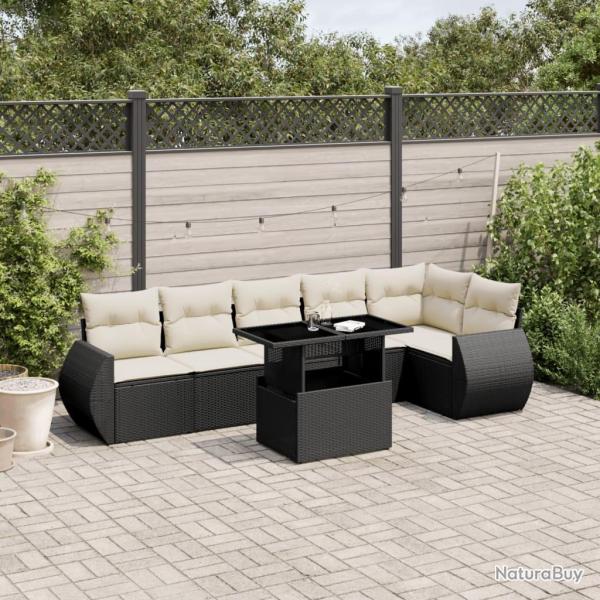 Salon de jardin 7 pcs avec coussins noir r�sine tress�e