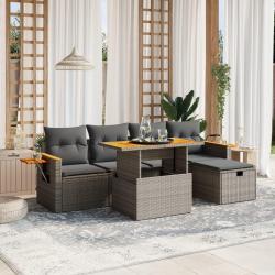 Salon de jardin 6 pcs avec coussins gris r&eacute;sine tress&eacute;e