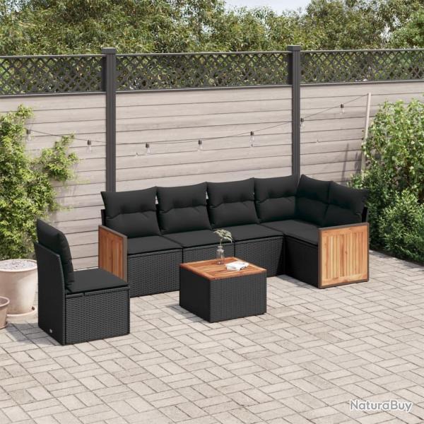 Salon de jardin 7 pcs avec coussins noir r�sine tress�e