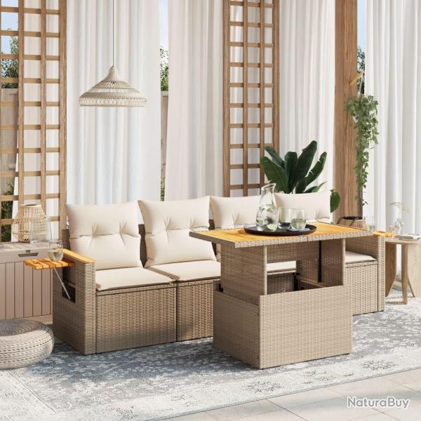 Salon de jardin avec coussins 5 pcs beige r�sine tress�e