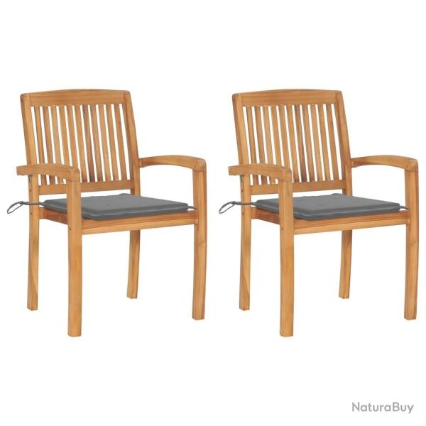 Chaises de jardin lot de 2 et coussins gris Bois de teck massif