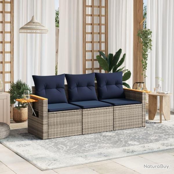 Salon de jardin avec coussins 3 pcs gris r�sine tress�e