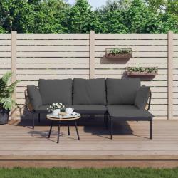 Salon de jardin 3 pcs avec coussins gris fonc&eacute; r&eacute;sine tress&eacute;e
