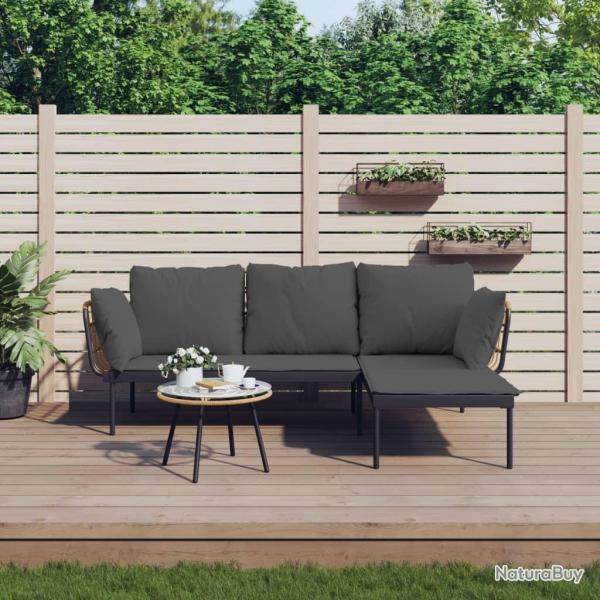 Salon de jardin 3 pcs avec coussins gris fonc� r�sine tress�e