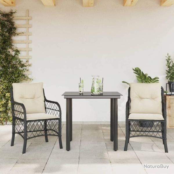 Ensemble de bistro 3 pcs avec coussins noir r�sine tress�e