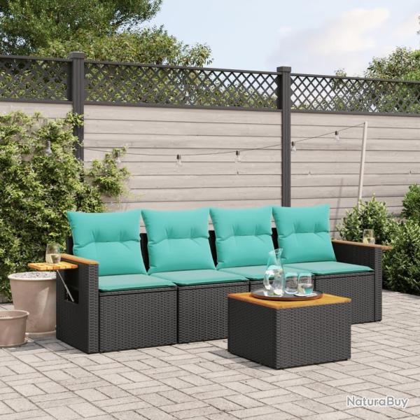 Salon de jardin 5 pcs avec coussins noir rsine tresse