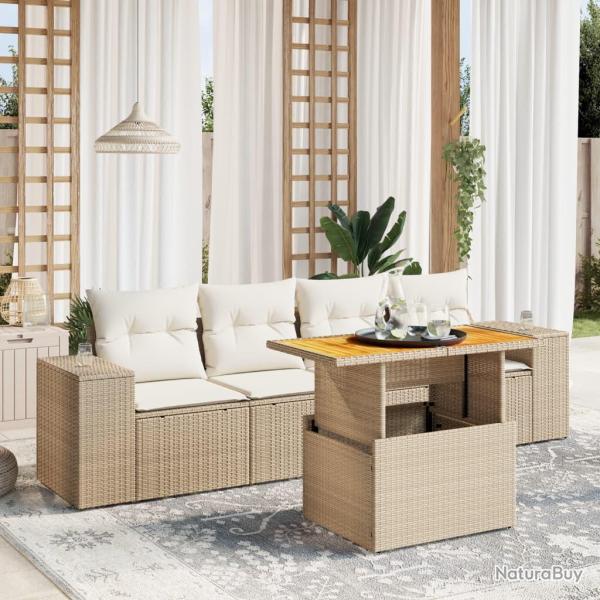 Salon de jardin avec coussins 5 pcs beige r�sine tress�e
