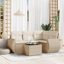 Salon de jardin avec coussins 5 pcs beige r&eacute;sine tress&eacute;e
