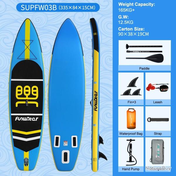 Planche de Paddle Gonflable SUP 350lbs - Accessoires Complets L�ger 7kg Yoga Randonn�e Bleu