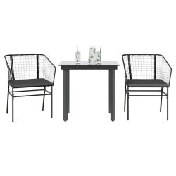 Ensemble &agrave; manger de jardin et coussins 3 pcs noir rotin verre