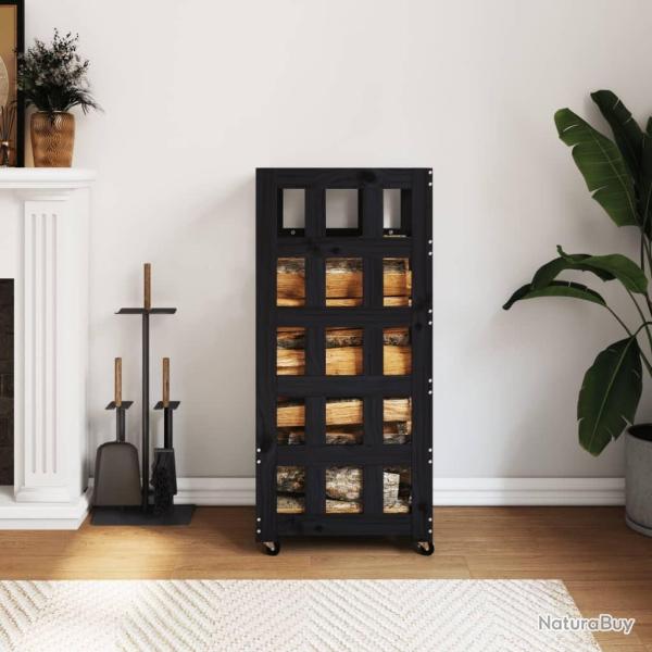 Porte-bches avec roulettes noir 40x49x110 cm bois massif pin