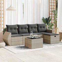 Salon de jardin 6 pcs avec coussins gris clair r&eacute;sine tress&eacute;e
