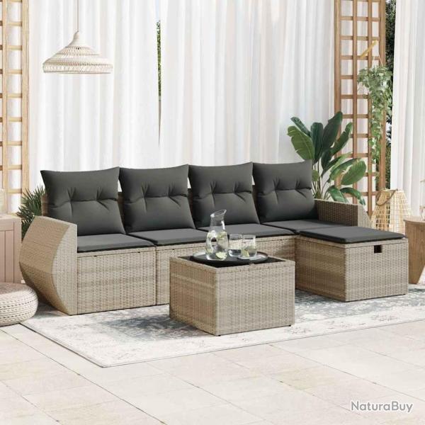 Salon de jardin 6 pcs avec coussins gris clair r�sine tress�e