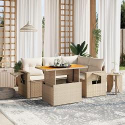 Salon de jardin avec coussins 5 pcs beige r&eacute;sine tress&eacute;e