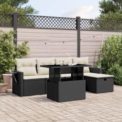 Salon de jardin 6 pcs avec coussins noir r&eacute;sine tress&eacute;e