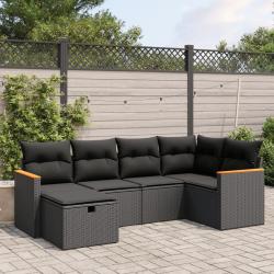 Salon de jardin 6 pcs avec coussins noir r&eacute;sine tress&eacute;e