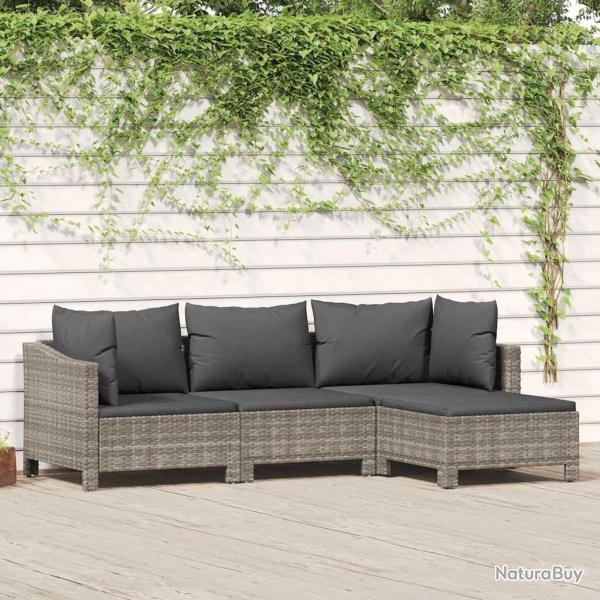 Salon de jardin 4 pcs avec coussins Gris R�sine tress�e