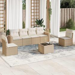 Salon de jardin avec coussins 7 pcs beige r&eacute;sine tress&eacute;e