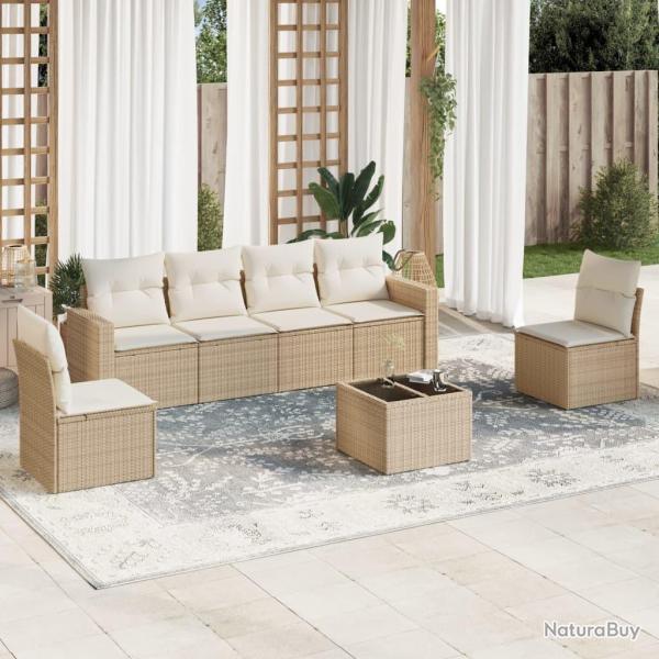 Salon de jardin avec coussins 7 pcs beige r�sine tress�e