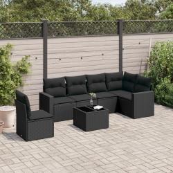 Salon de jardin 7 pcs avec coussins noir r&eacute;sine tress&eacute;e