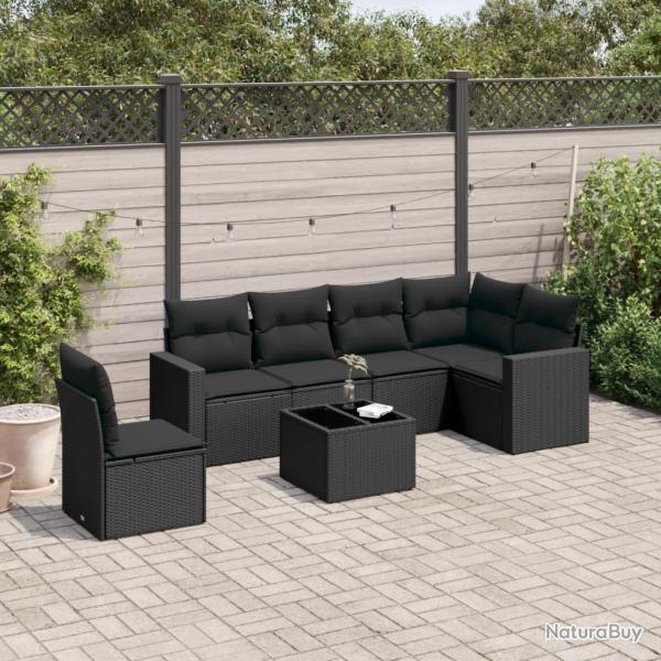 Salon de jardin 7 pcs avec coussins noir r�sine tress�e