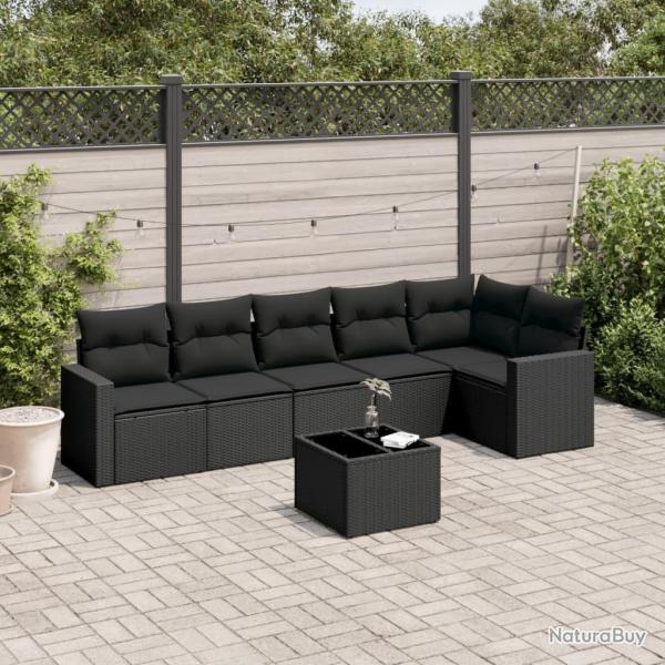 Salon de jardin 7 pcs avec coussins noir r�sine tress�e