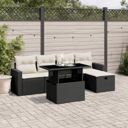 Salon de jardin 6 pcs avec coussins noir r&eacute;sine tress&eacute;e