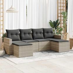 Salon de jardin 6 pcs avec coussins gris clair r&eacute;sine tress&eacute;e