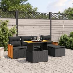 Salon de jardin 6 pcs avec coussins noir r&eacute;sine tress&eacute;e
