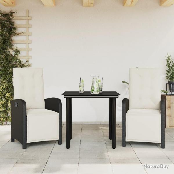 Ensemble de bistro 3 pcs avec coussins noir rsine tresse