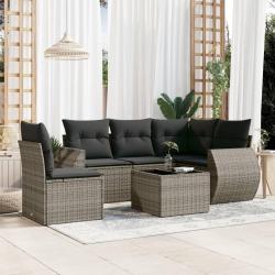 Salon de jardin 6 pcs avec coussins gris r&eacute;sine tress&eacute;e