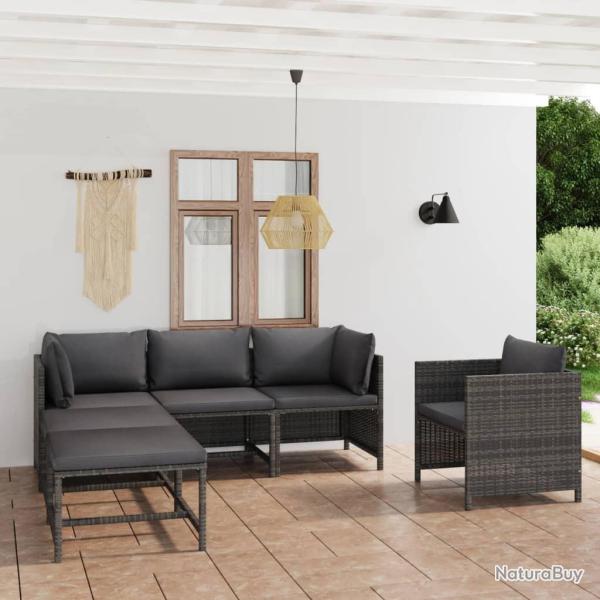 Salon de jardin 6 pcs avec coussins Rsine tresse Gris