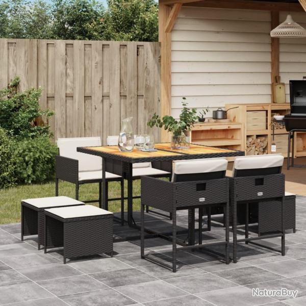 Ensemble � manger de jardin 9pcs coussins noir r�sine tress�e