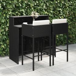 Ensemble de bar de jardin 3 pcs et coussins R&eacute;sine tress&eacute;e Noir