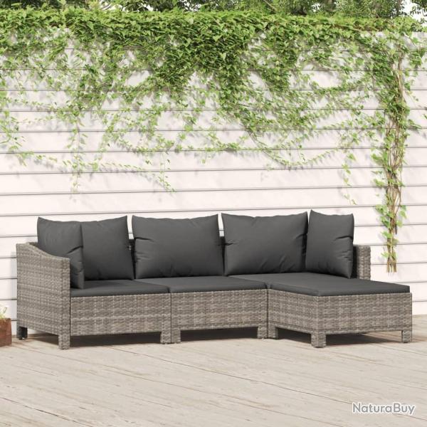 Salon de jardin 4 pcs avec coussins Gris R�sine tress�e