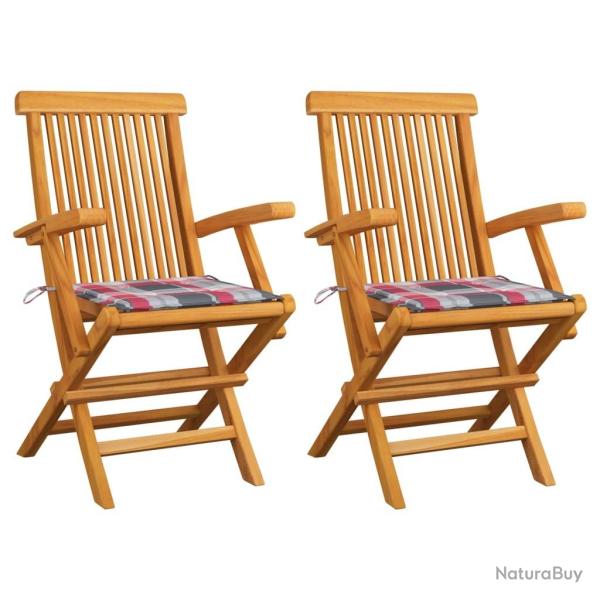 Chaises de jardin lot de 2 avec coussins  carreaux rouge Teck