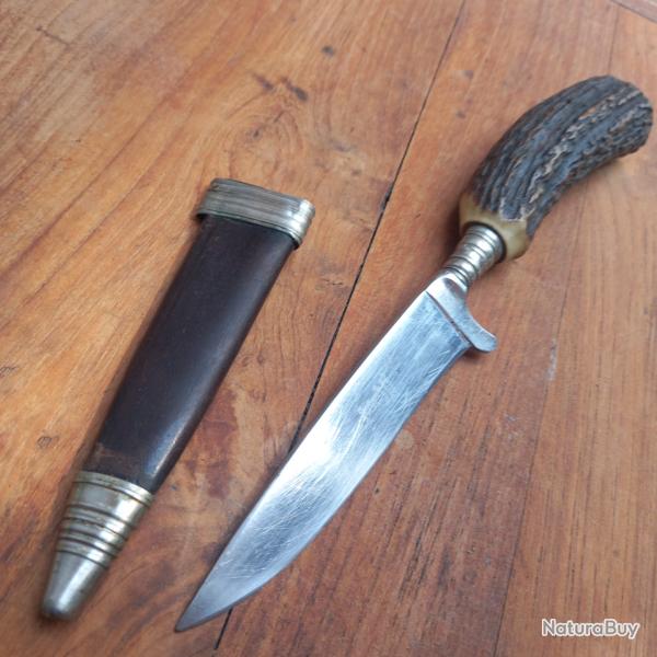 Solide Couteau de Chasse NICKER de SOLINGEN Manche en Bois de Cerf avec Fourreau en cuir