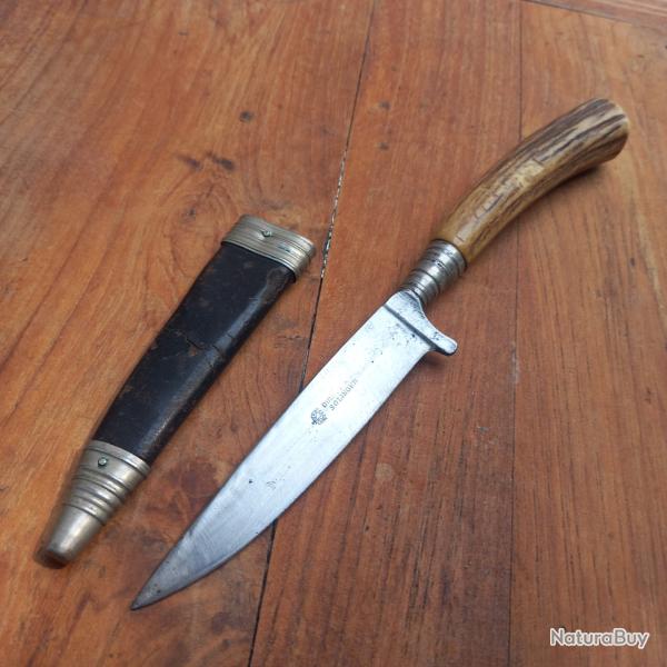 Joli Couteau de Chasse NICKER de SOLINGEN Manche en Bois de Cerf avec Fourreau en cuir